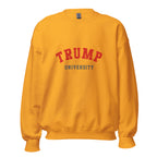 Unisex heather gray sweatshirt featuring Trump University logo printed across the front chest
