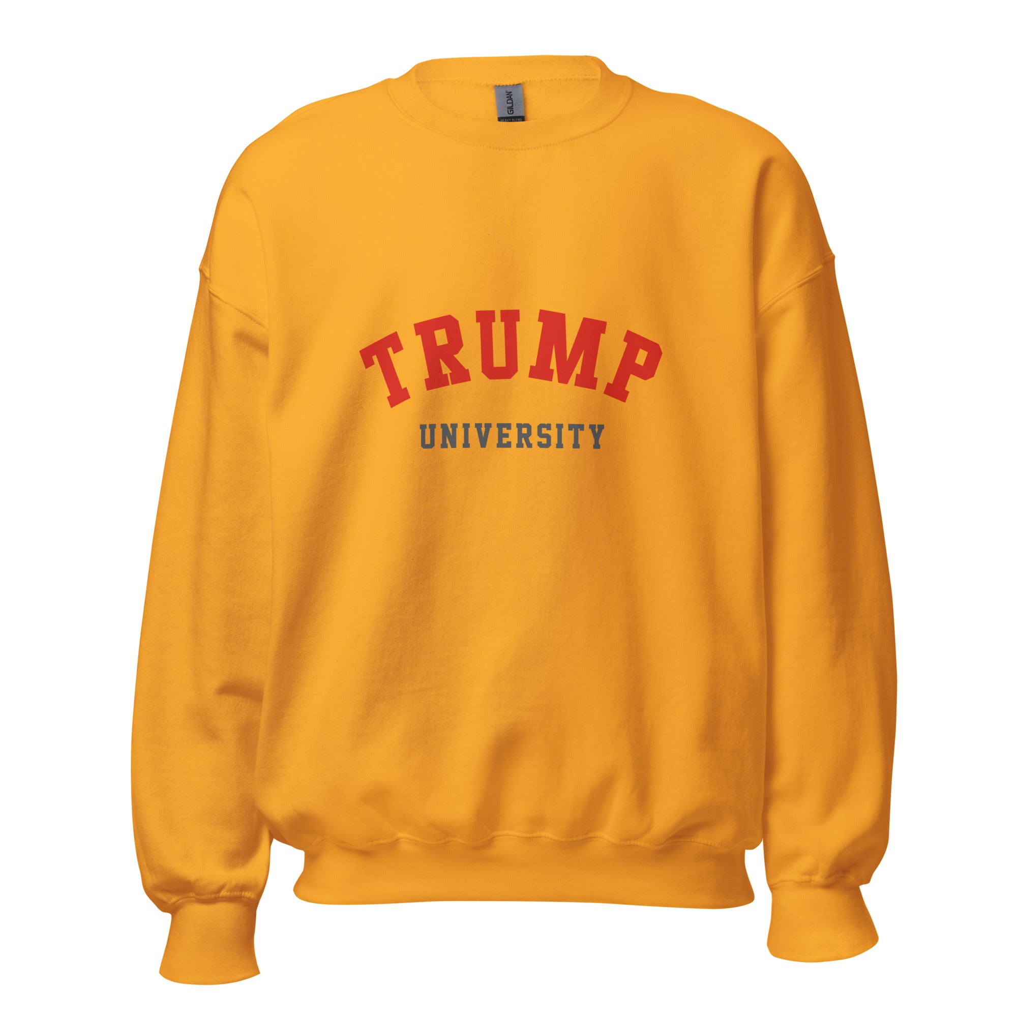 Unisex heather gray sweatshirt featuring Trump University logo printed across the front chest