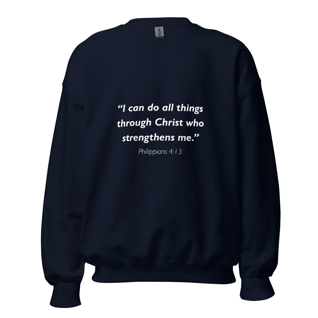 Unisex heather gray sweatshirt with Philippians 4:13 Bible verse printed in white text on front