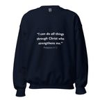 Unisex heather gray sweatshirt with Philippians 4:13 Bible verse printed in white text on front