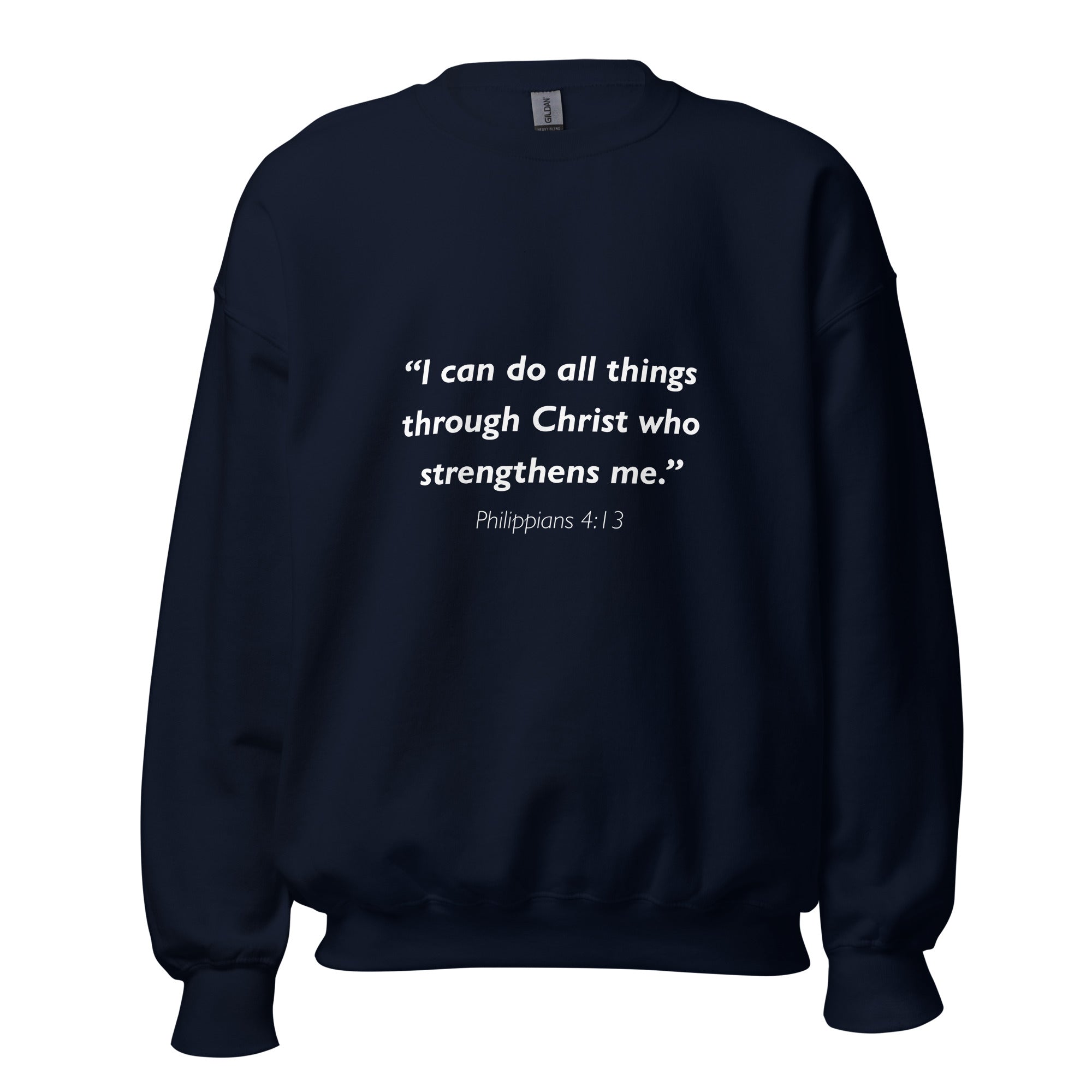 Unisex heather gray sweatshirt with Philippians 4:13 Bible verse printed in white text on front