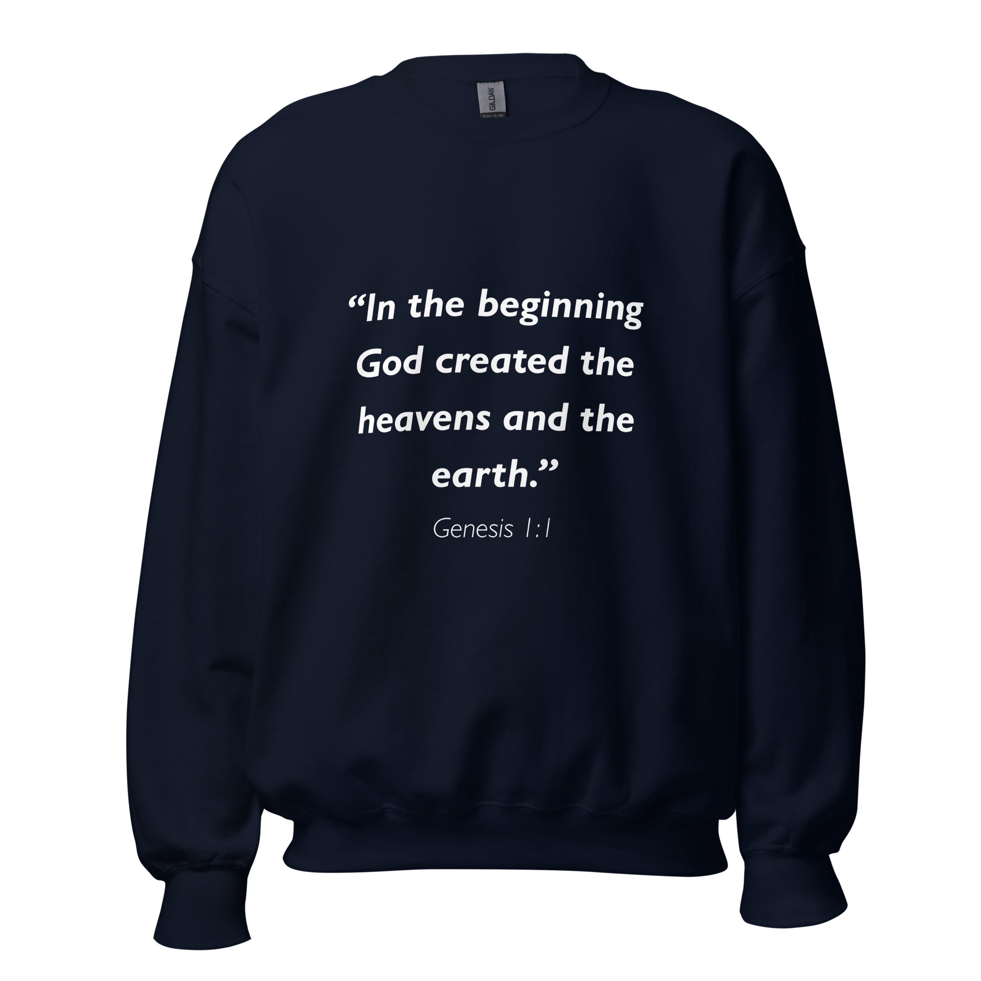 Unisex heather gray sweatshirt with Genesis 1:1 Bible verse printed in white text on front