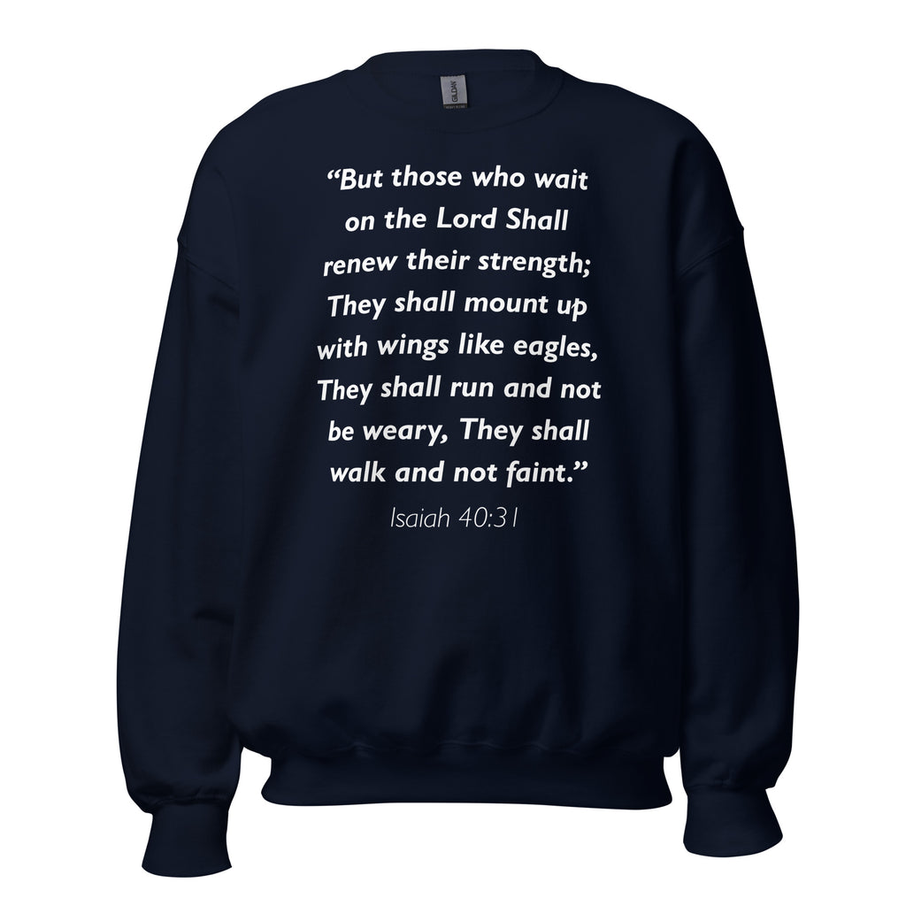 Unisex heather gray sweatshirt with Isaiah 40:31 Bible verse printed in white text on front