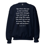Unisex heather gray sweatshirt with Isaiah 40:31 Bible verse printed in white text on front