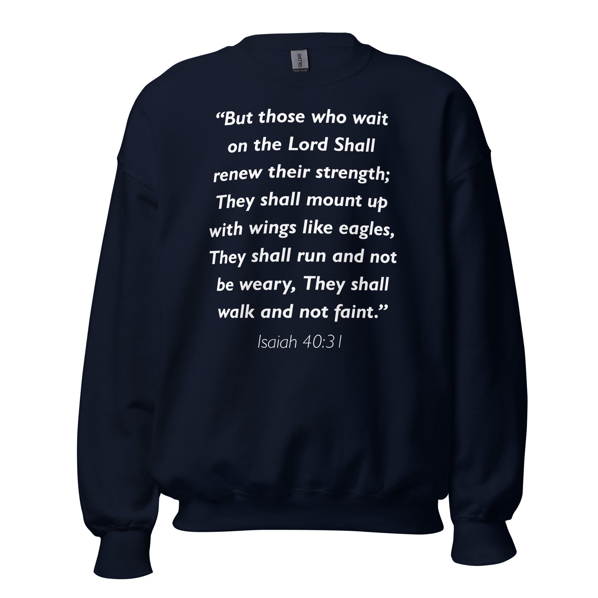 Unisex heather gray sweatshirt with Isaiah 40:31 Bible verse printed in white text on front