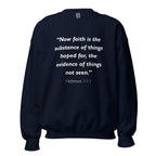 Unisex black sweatshirt with Hebrews 11:1 Bible verse printed in white text on front
