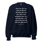 Unisex heather gray sweatshirt with Isaiah 41:10 Bible verse printed in white text on front