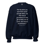 Unisex heather gray sweatshirt with Ephesians 2:8-9 Bible verse printed in white text on front