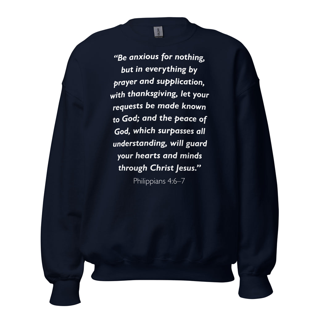 Unisex black sweatshirt with Philippians 4:6-7 Bible verse printed in white text on front