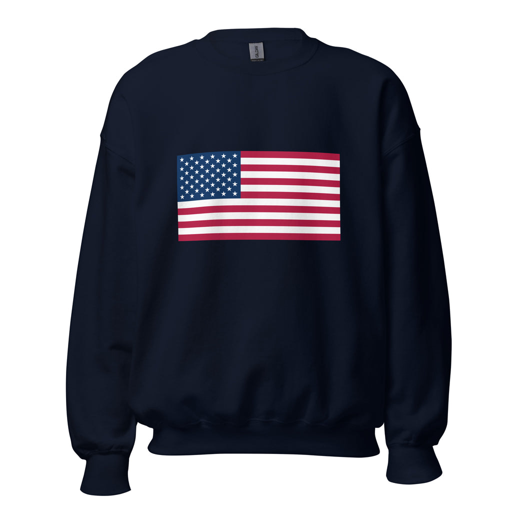 Unisex navy blue sweatshirt featuring American flag design printed across the front chest