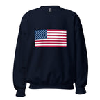 Unisex navy blue sweatshirt featuring American flag design printed across the front chest