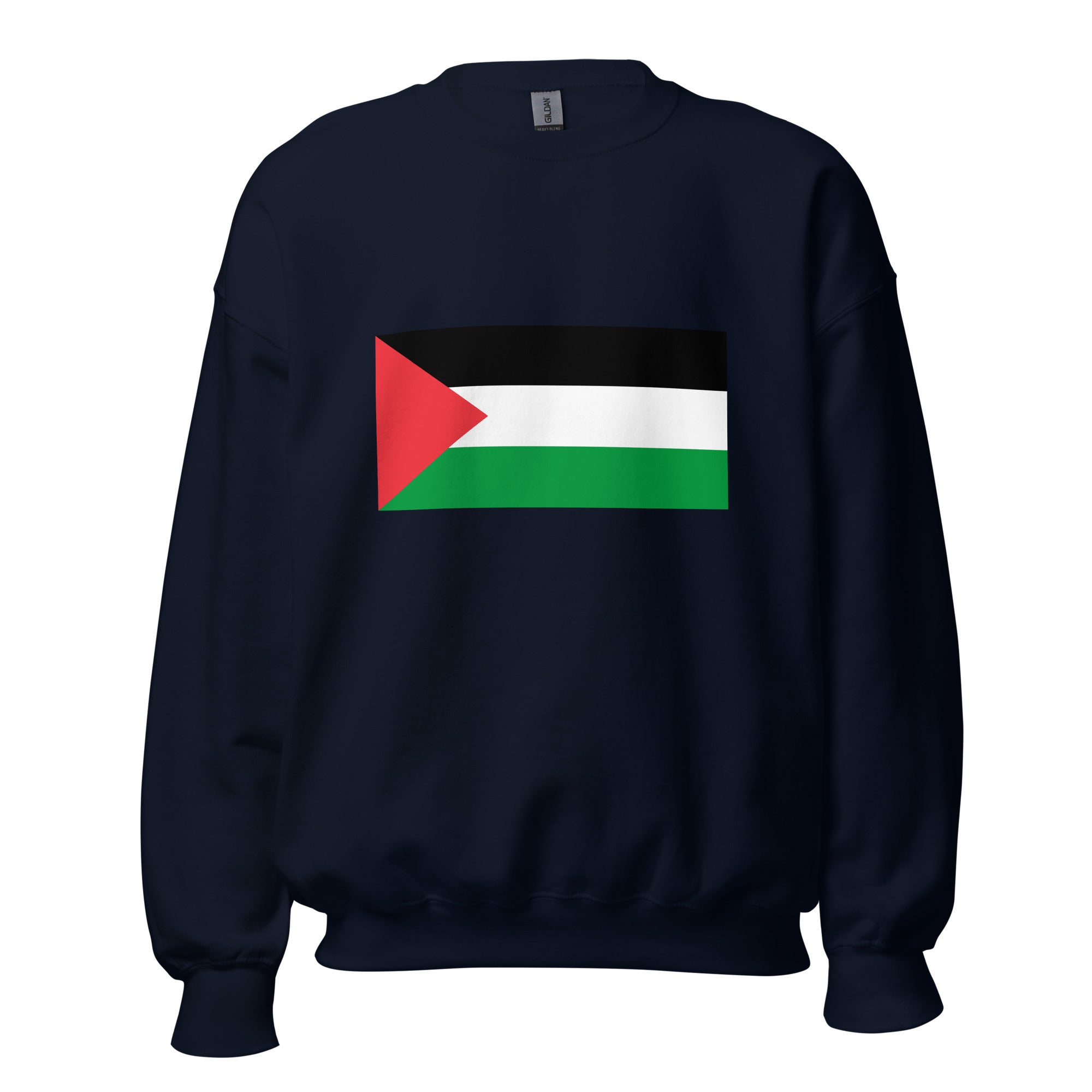 Unisex heather gray sweatshirt featuring Palestinian flag design printed across the front chest