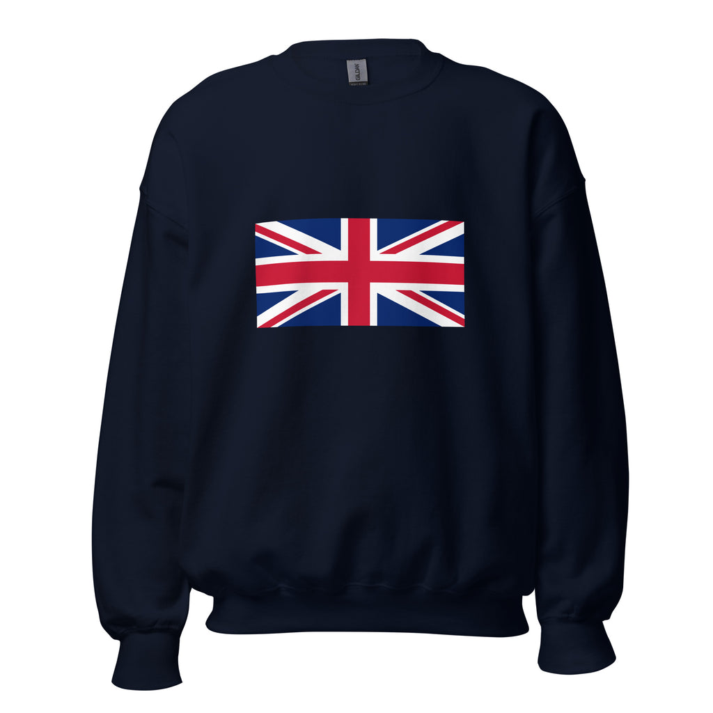 Unisex heather gray sweatshirt featuring British flag design printed across the front chest