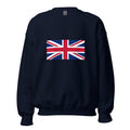 Unisex heather gray sweatshirt featuring British flag design printed across the front chest