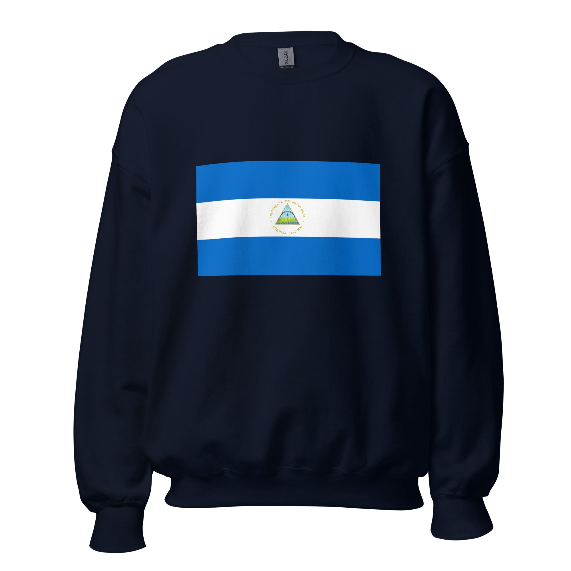 Unisex heather gray sweatshirt featuring Nicaraguan flag design printed across the front chest
