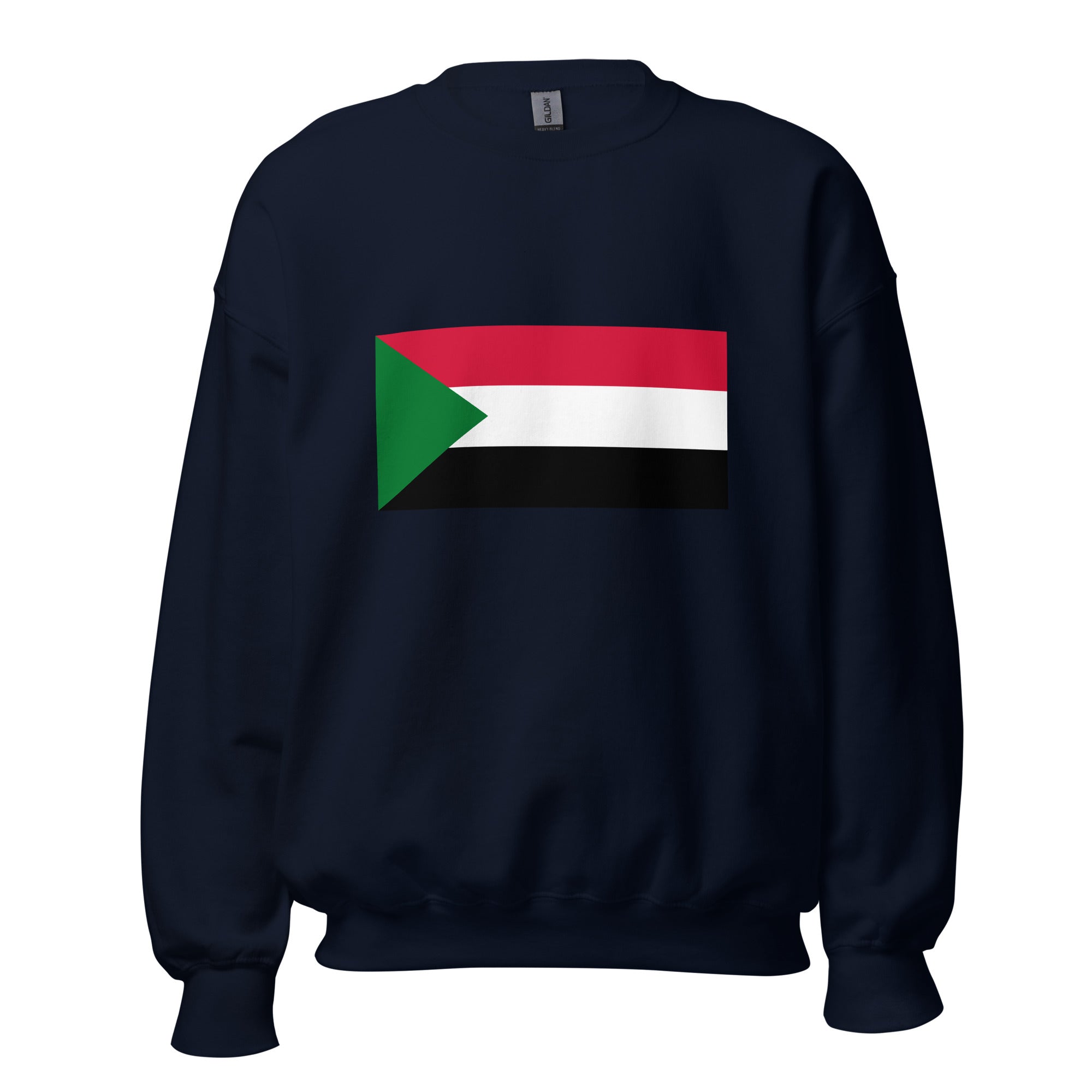 Unisex heather gray sweatshirt featuring Sudanese flag design printed across the front chest