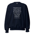 Unisex black sweatshirt with Lamentations 3:22-23 Bible verse printed in white text on front