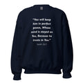 Unisex black sweatshirt with Isaiah 26:3 Bible verse printed in white text on front