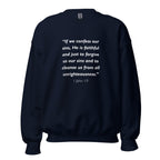 Unisex navy blue sweatshirt with 1 John 1:9 Bible verse printed in white text on front