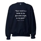 Unisex maroon sweatshirt with Psalm 119:105 Bible verse printed in white text on front