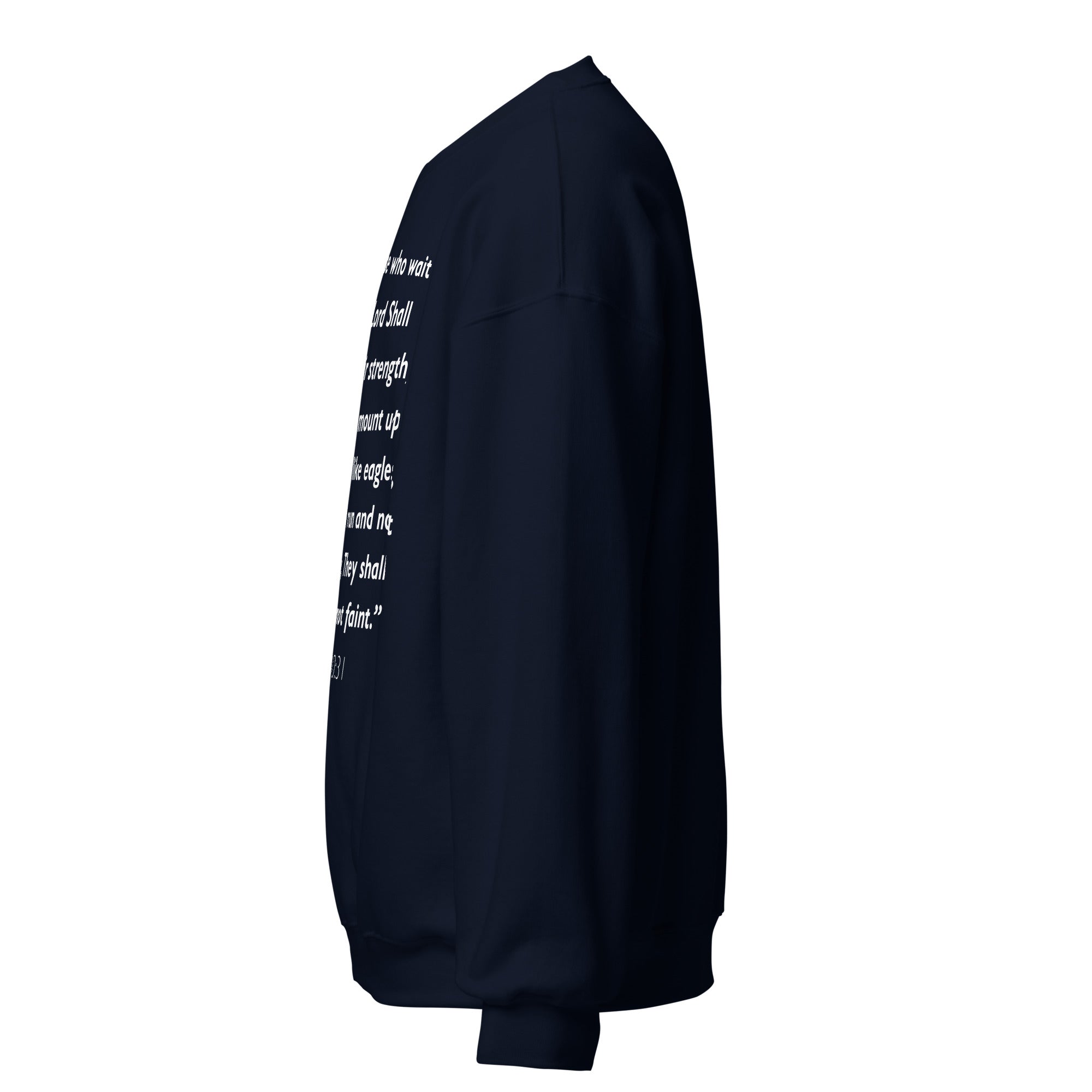 Unisex forest green sweatshirt with Isaiah 40:31 Bible verse printed in white text on front