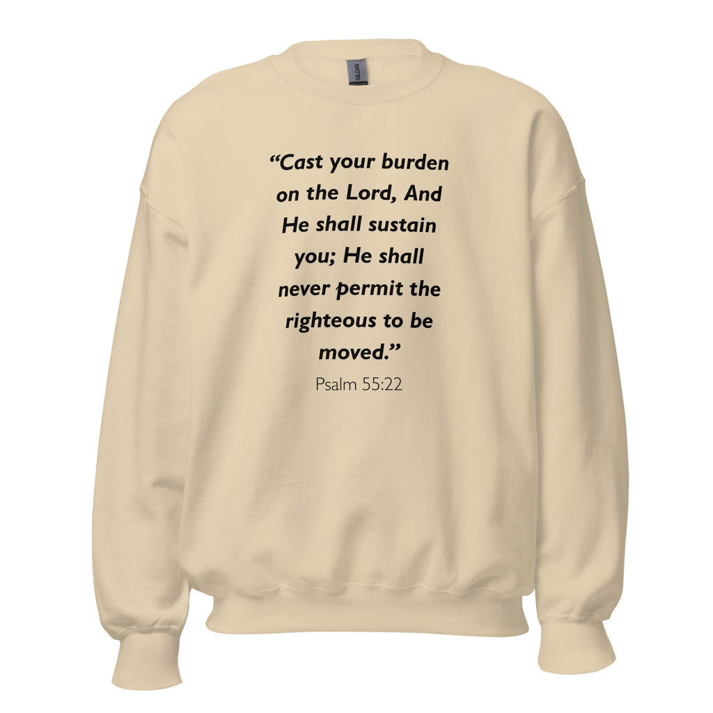 Unisex heather gray sweatshirt with Psalm 55:22 Bible verse printed in black text on front
