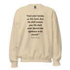 Unisex heather gray sweatshirt with Psalm 55:22 Bible verse printed in black text on front