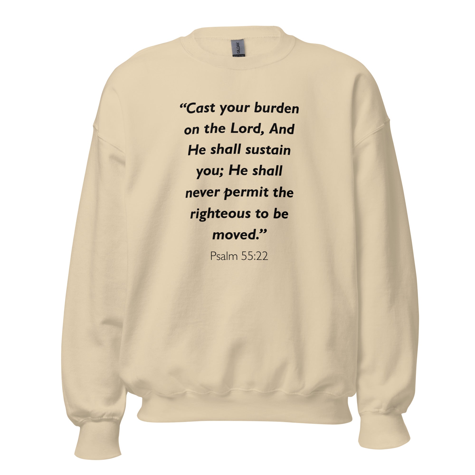Unisex heather gray sweatshirt with Psalm 55:22 Bible verse printed in black text on front