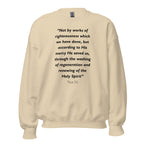 Unisex navy blue sweatshirt with Titus 3:5 Bible verse printed in black text on front