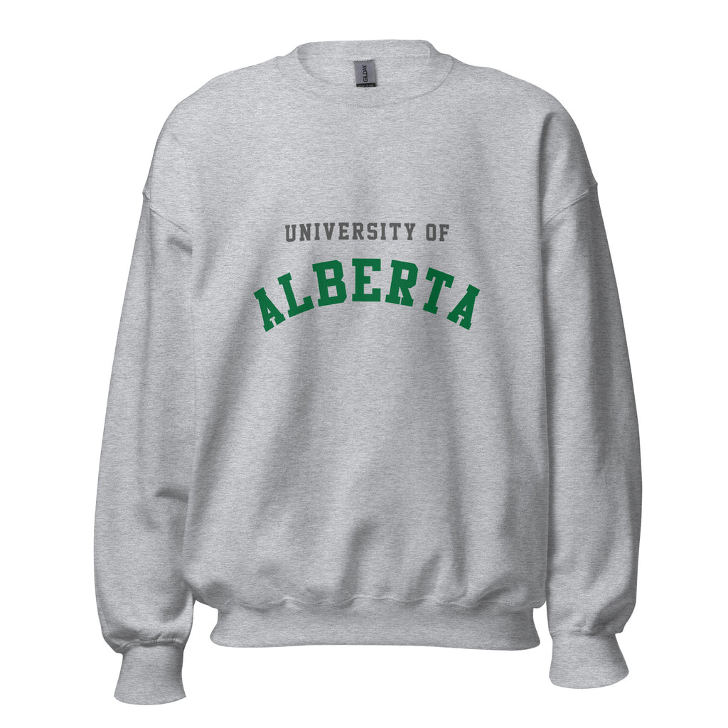 Unisex sweatshirt featuring University of Alberta name and branding in green and gold