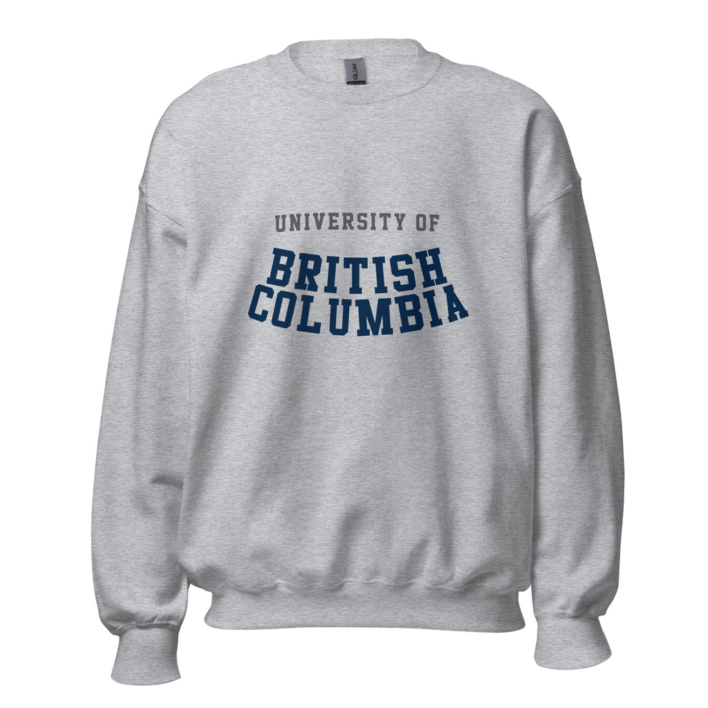 Unisex sweatshirt featuring University of British Columbia name and branding in blue and gold