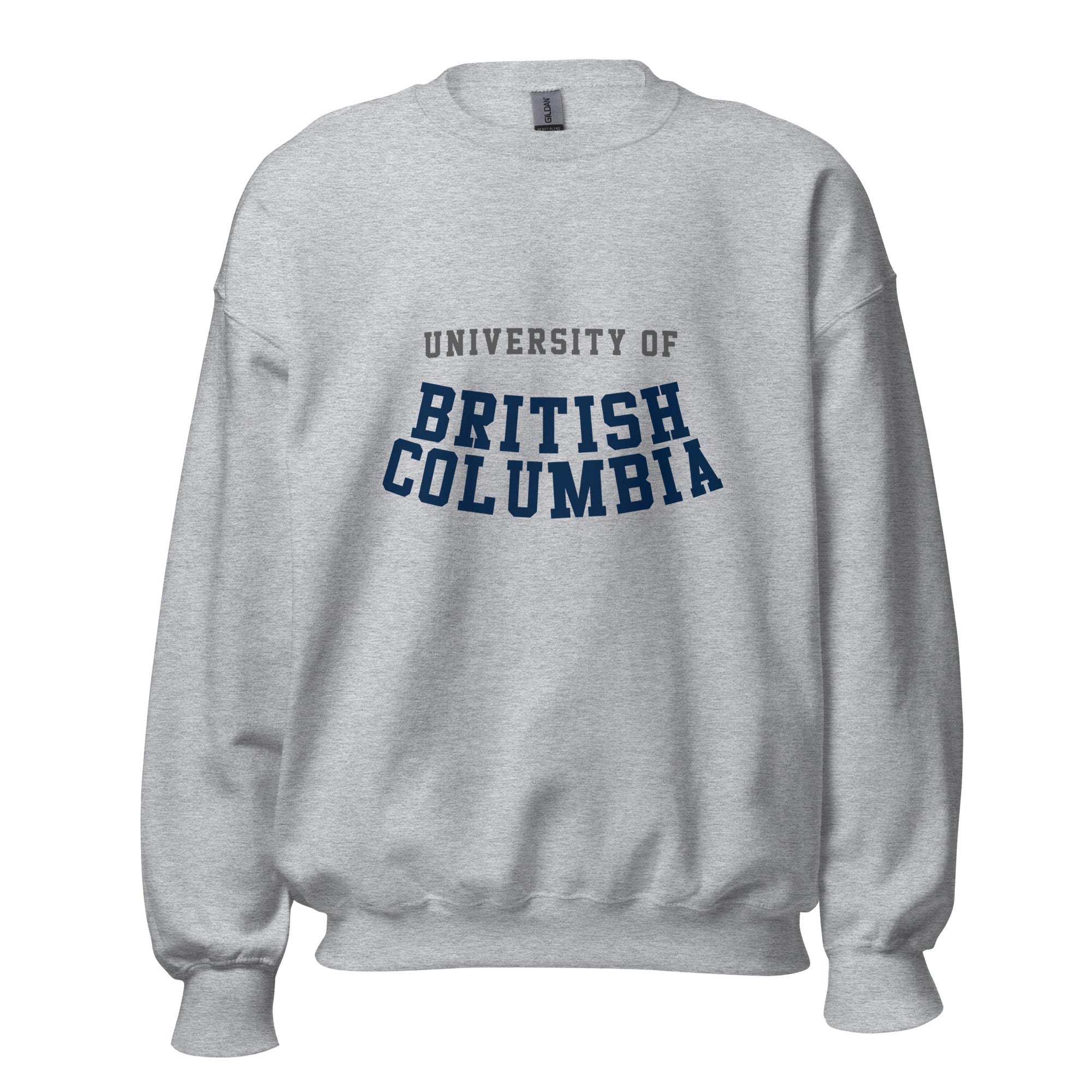 Unisex sweatshirt featuring University of British Columbia name and branding in blue and gold