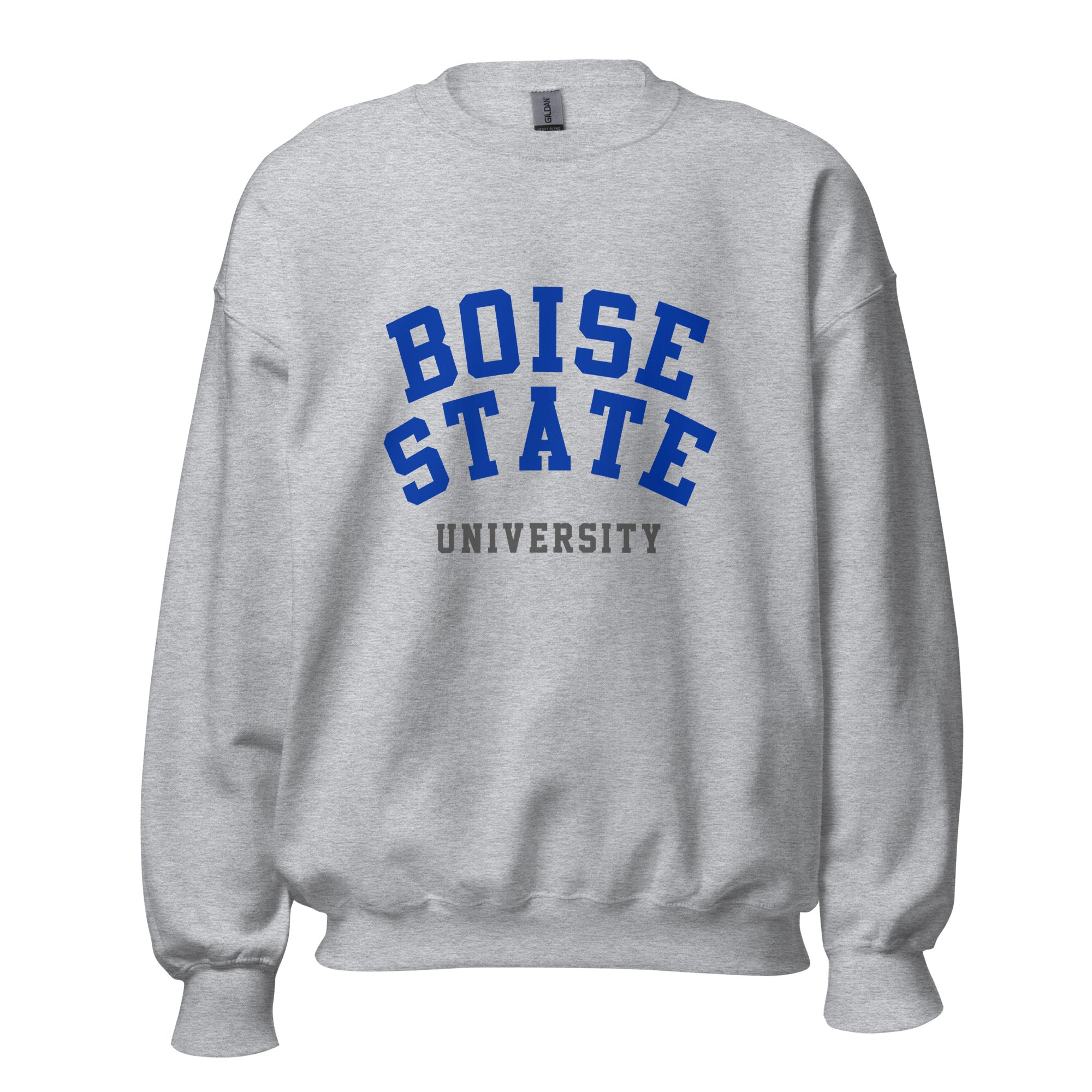 Unisex sweatshirt featuring Boise State University name and branding in blue and orange