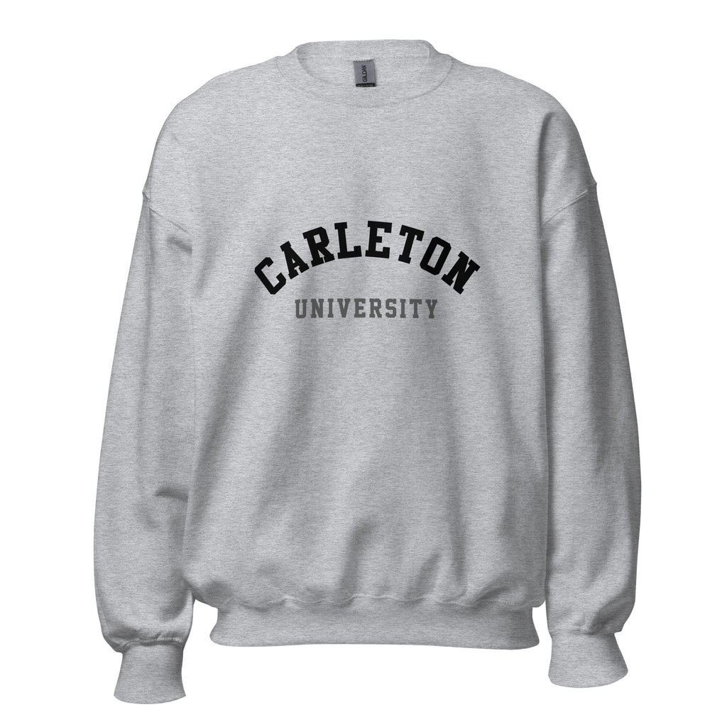 Unisex sweatshirt featuring Carleton University name and branding in red and gold