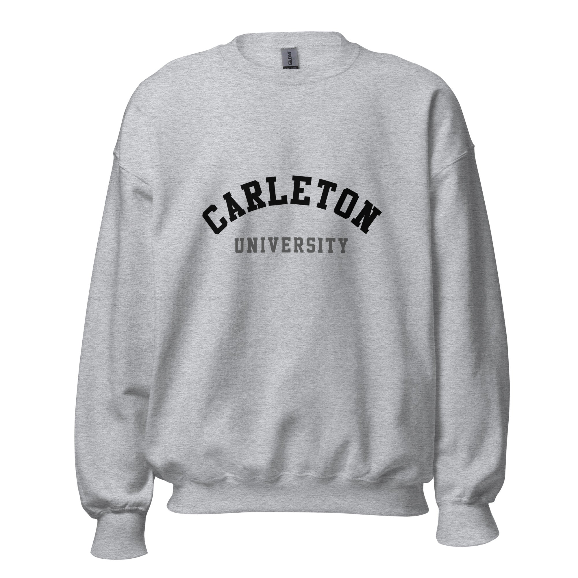 Unisex sweatshirt featuring Carleton University name and branding in red and gold