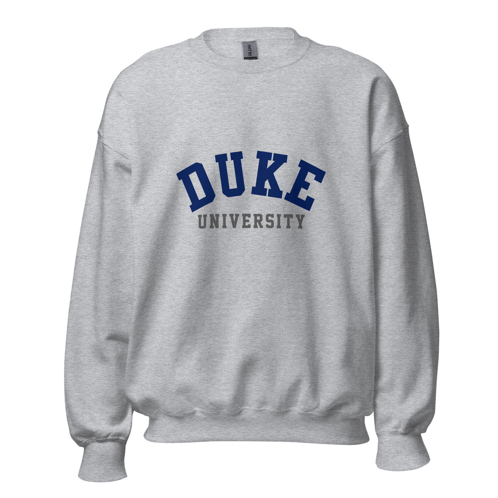 Unisex sweatshirt featuring Duke University name and branding in royal blue and white