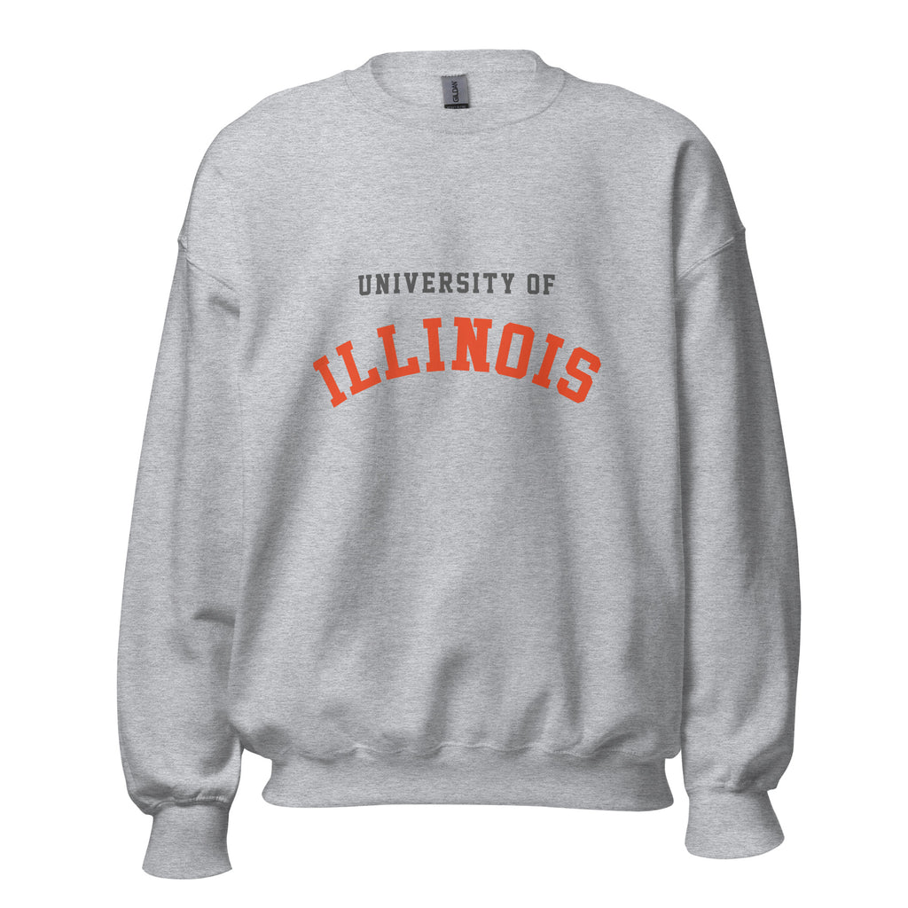 Unisex sweatshirt featuring University of Illinois name and branding in orange and navy blue