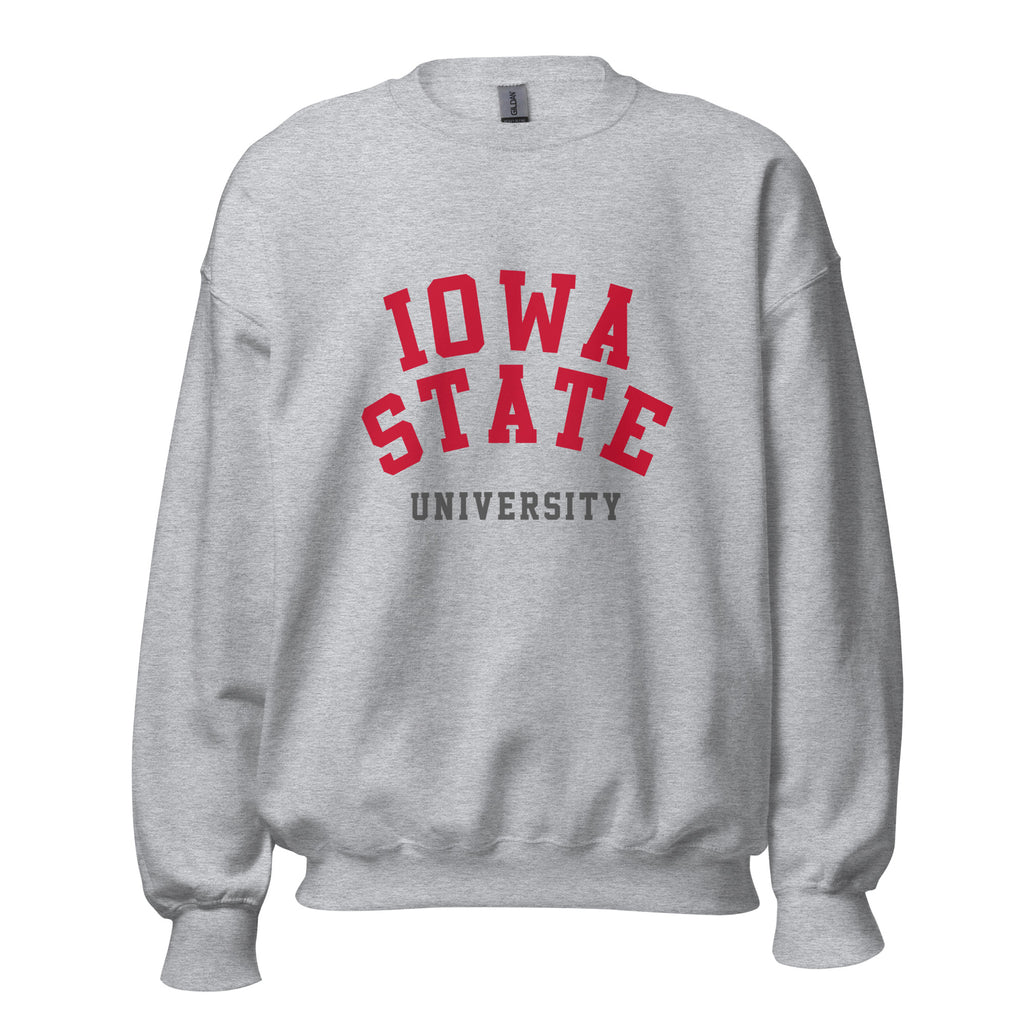 Unisex sweatshirt featuring Iowa State University name and branding in cardinal and gold