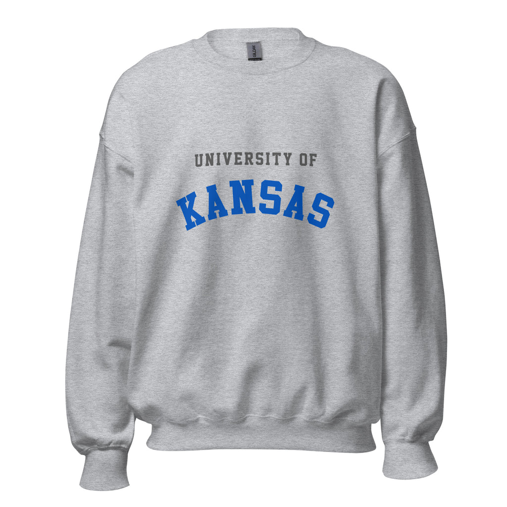 Unisex sweatshirt featuring University of Kansas name and branding in crimson and blue