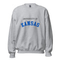 Unisex sweatshirt featuring University of Kansas name and branding in crimson and blue