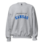 Unisex sweatshirt featuring University of Kansas name and branding in crimson and blue