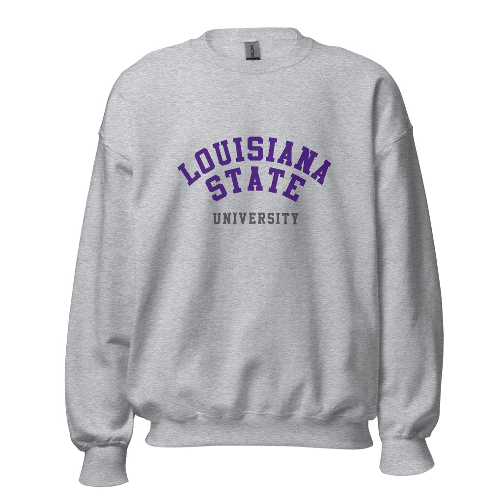 Unisex sweatshirt featuring Louisiana State University name and branding in purple and gold