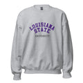 Unisex sweatshirt featuring Louisiana State University name and branding in purple and gold