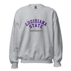 Unisex sweatshirt featuring Louisiana State University name and branding in purple and gold