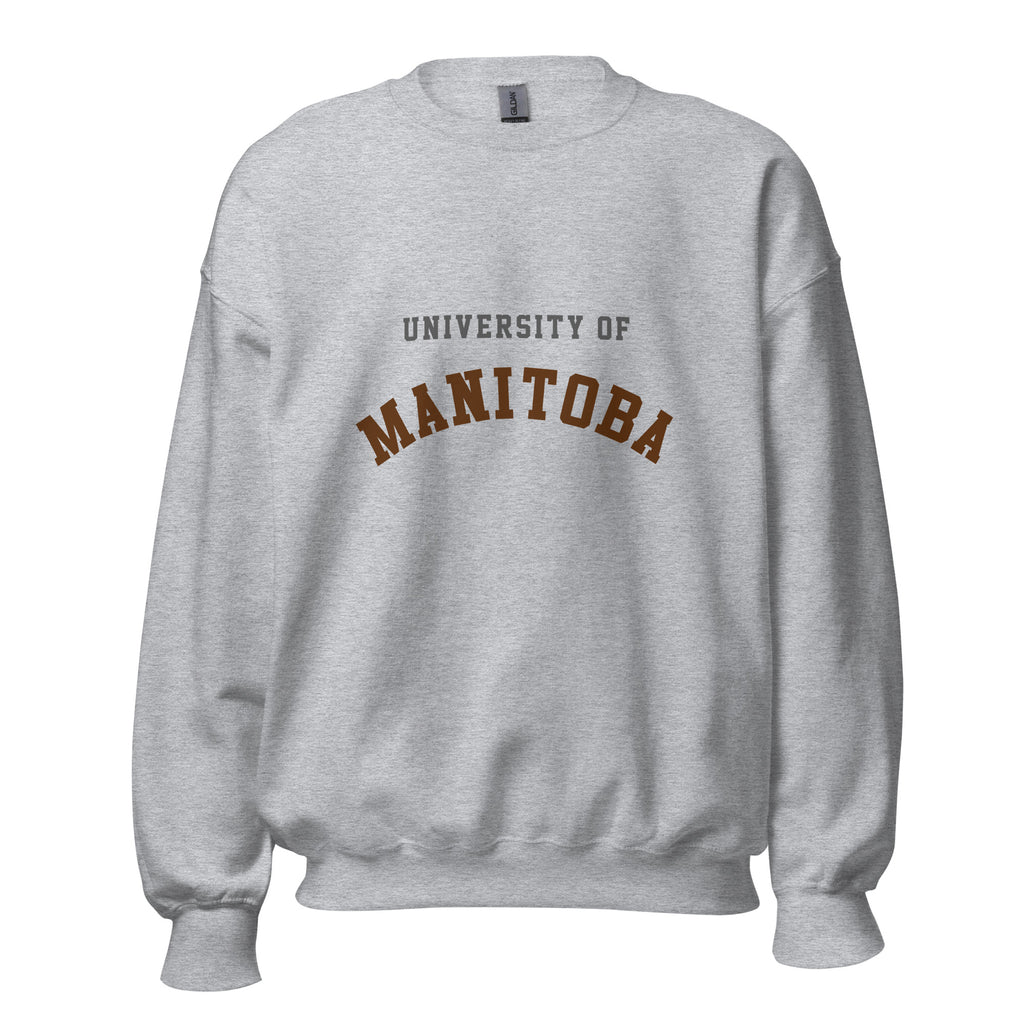 Unisex sweatshirt featuring University of Manitoba name and branding in bison brown and gold