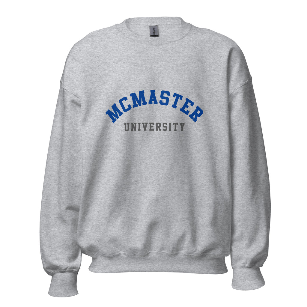 Unisex sweatshirt featuring McMaster University name and branding in maroon and gold