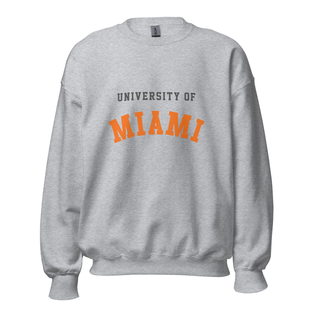 Unisex sweatshirt featuring University of Miami name and branding in orange, green, and white
