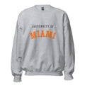 Unisex sweatshirt featuring University of Miami name and branding in orange, green, and white