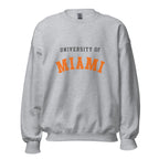 Unisex sweatshirt featuring University of Miami name and branding in orange, green, and white