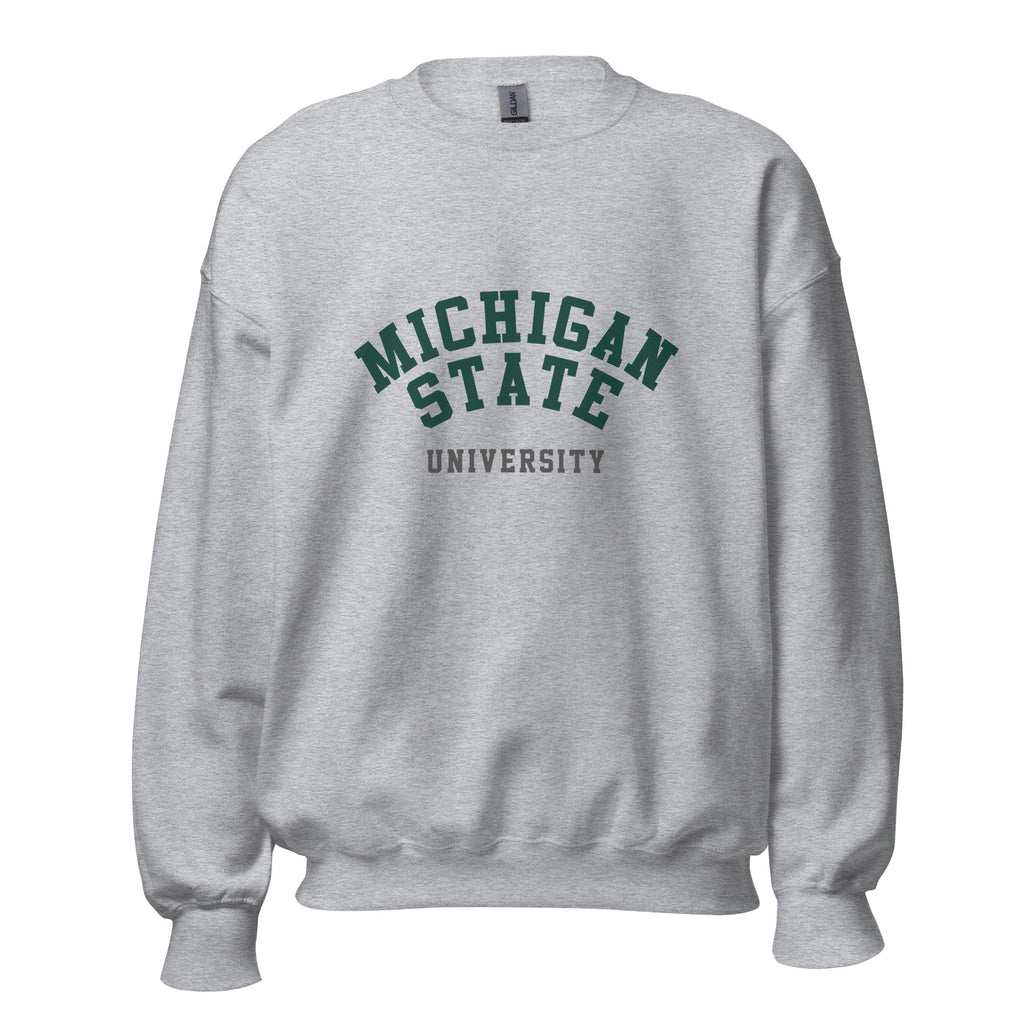Unisex sweatshirt featuring Michigan State University name and branding in green and white